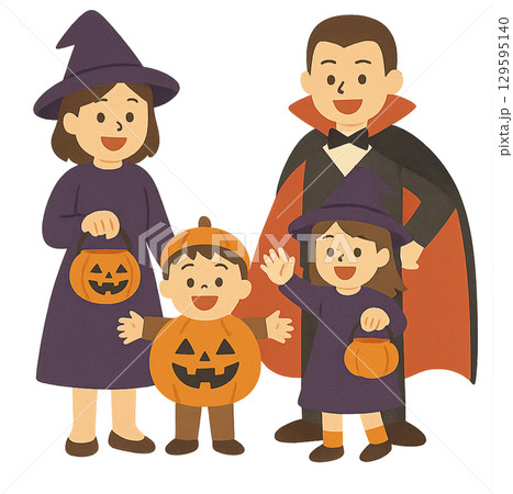 家族で仮装したハロウィン集合イラスト（背景透過） 129595140