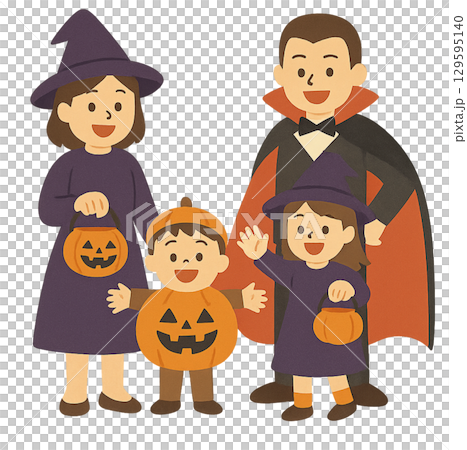 Halloween illustration of a family dressed up in costumes (transparent background) 129595140