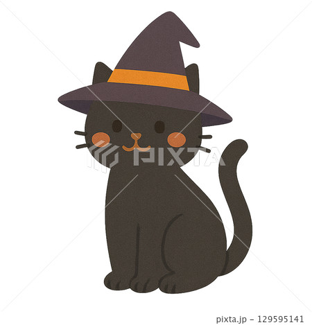 魔女帽子をかぶった黒猫のイラスト（背景透過） 129595141