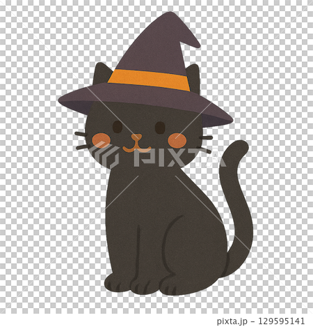 魔女帽子をかぶった黒猫のイラスト（背景透過） 129595141