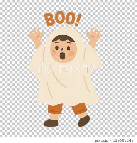 Illustration of a child dressed as a ghost for Halloween (transparent background) 129595143