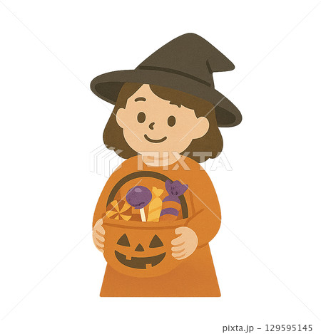 魔女の仮装をした女の子とハロウィンキャンディバスケットのイラスト（背景透過） 129595145