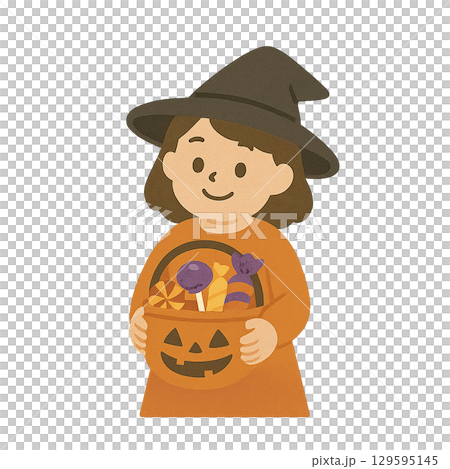 魔女の仮装をした女の子とハロウィンキャンディバスケットのイラスト（背景透過） 129595145