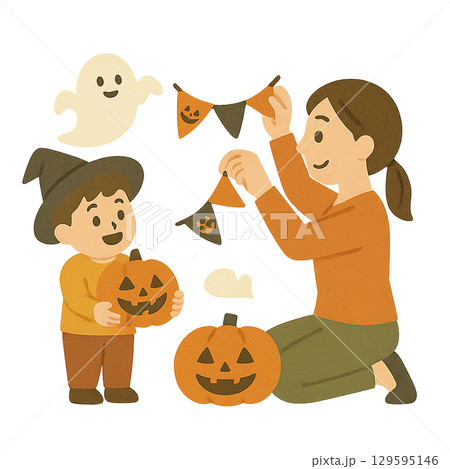親子でハロウィン飾り付けをするイラスト（背景透過） 129595146
