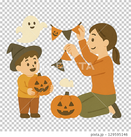 Illustration of parents and children decorating for Halloween (transparent background) 129595146