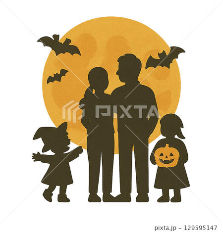 満月とコウモリと家族のシルエットのハロウィンイラスト（背景透過） 129595147