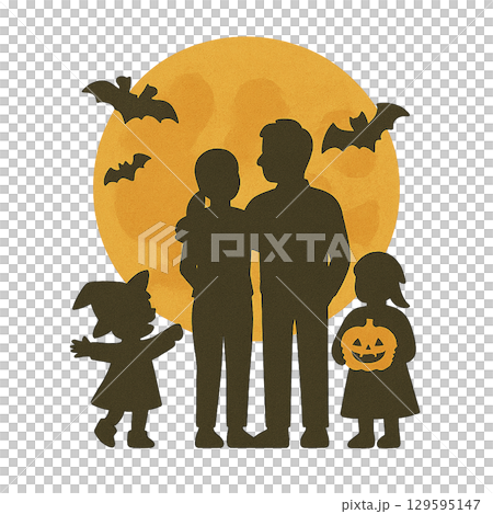 満月とコウモリと家族のシルエットのハロウィンイラスト（背景透過） 129595147