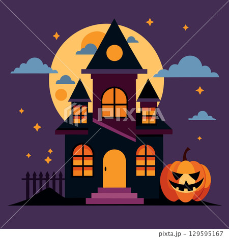 halloween party invitation design with cemetery and pumpkins. halloween greeting card or poster template. halloween party invitation design with cemetery and pumpkins. halloween greeting card or poster template. 129595167