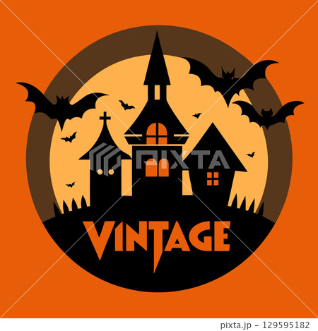 halloween party invitation design with cemetery and pumpkins. halloween greeting card or poster template. 129595182