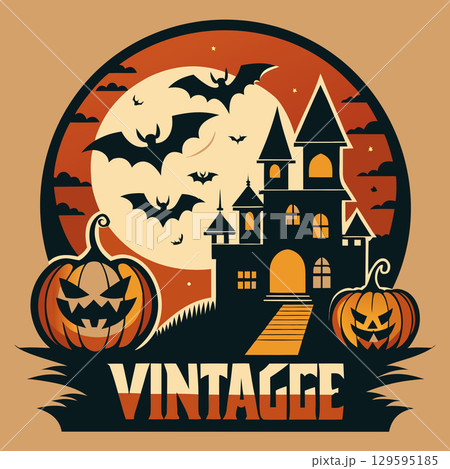 halloween party invitation design with cemetery and pumpkins. halloween greeting card or poster template. 129595185