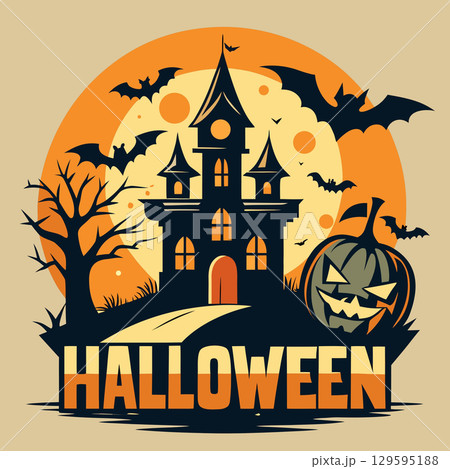 halloween party invitation design with cemetery and pumpkins. halloween greeting card or poster template. 129595188