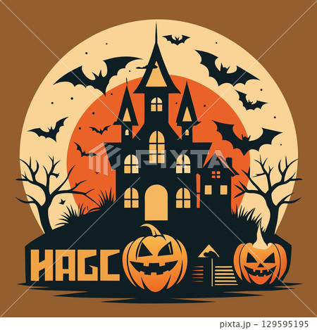 halloween party invitation design with cemetery and pumpkins. halloween greeting card or poster template. 129595195