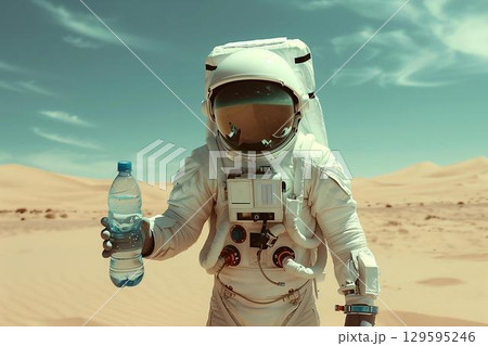 Surreal image of an astronaut holding a bottle of water at a desert. concept of global warming and 129595246