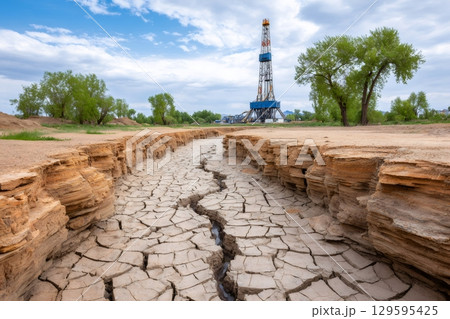 Drilling rig operating near a dry cracked riverbed illustrating environmental impact 129595425