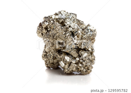 Macro mineral stone Pyrite gold on white background Macro mineral stone Pyrite gold on white background 129595782