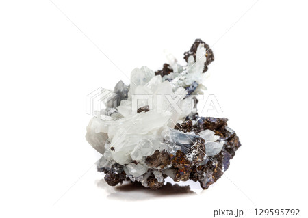 Macro mineral stone Drusus quartz with sphalerite in the rock a white background 129595792