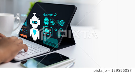 User interacting with AI-powered tablet interface to create content and graphics, representing machine learning, digital technology, and future creative innovation. 129596057
