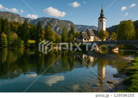Lake Bohinj Church in Slovenia A Picturesque Landscape 129596105