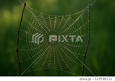 Dew-covered spider web in morning sunlight between twigs 129596112