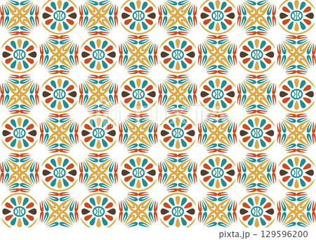 マスタードイエローとターコイズの幾何学タイル風パターン 129596200