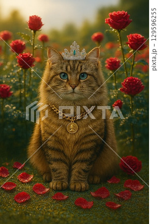 薔薇の花にたたずむ（座る）ティアラを身につけた猫 129596255