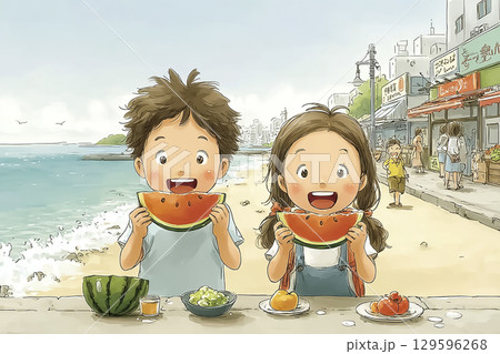 海辺で兄妹がスイカを食べるシーン 129596268