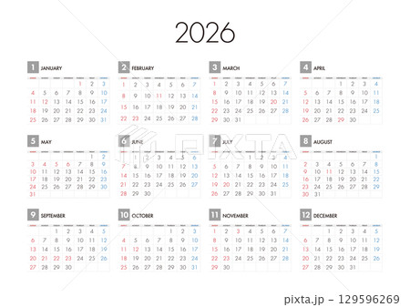 2026年の年間カレンダー日曜始まり 129596269