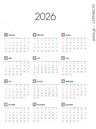 2026年の年間カレンダー日曜始まり 129596270