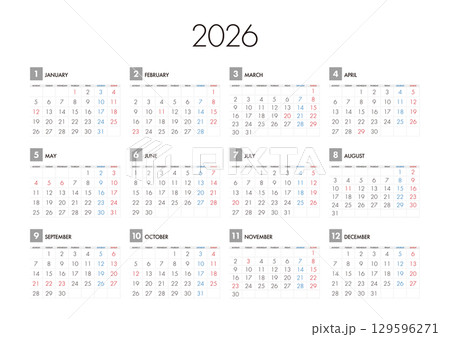 2026年の年間カレンダー月曜始まり 2026年の年間カレンダー月曜始まり 129596271