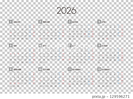 2026年の年間カレンダー月曜始まり 2026年の年間カレンダー月曜始まり 129596271