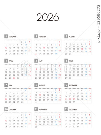 2026年の年間カレンダー月曜始まり 2026年の年間カレンダー月曜始まり 129596272