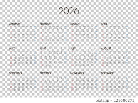 2026 年曆從週日開始，沒有日本假期 129596273