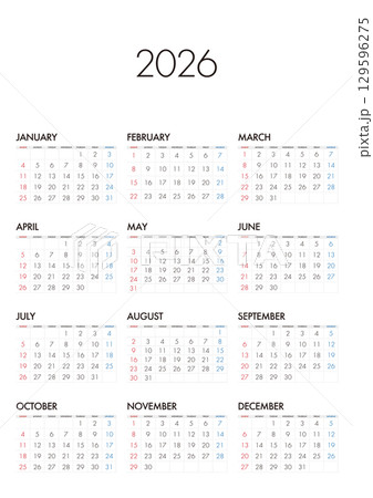 2026年の年間カレンダー日曜始まり日本の祝日表記は無し 2026年の年間カレンダー日曜始まり日本の祝日表記は無し 129596275