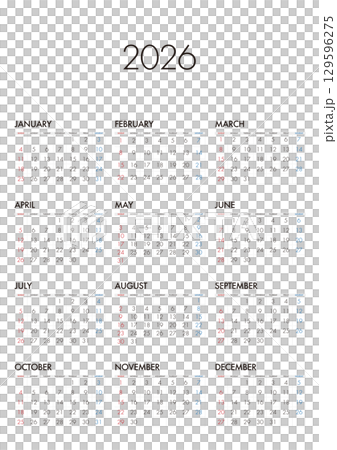 2026年の年間カレンダー日曜始まり日本の祝日表記は無し 2026年の年間カレンダー日曜始まり日本の祝日表記は無し 129596275