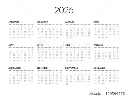 2026年の年間カレンダー月曜始まり日本の祝日表記は無し 2026年の年間カレンダー月曜始まり日本の祝日表記は無し 129596276