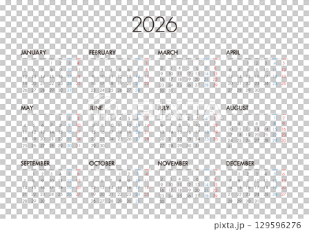 2026年の年間カレンダー月曜始まり日本の祝日表記は無し 2026年の年間カレンダー月曜始まり日本の祝日表記は無し 129596276