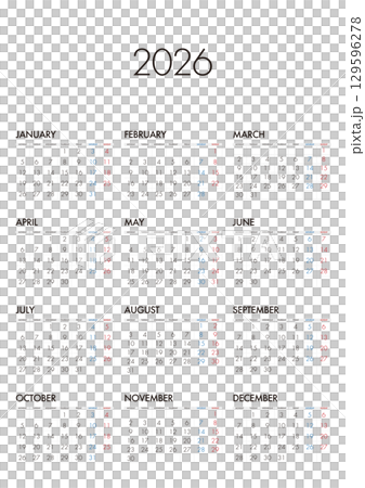 2026 年曆從星期一開始，沒有日本假期 129596278