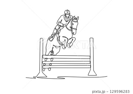 Continuous line drawing of man riding horse as they jump over a hurdle, depicting the dynamic action, elegant partnership, and thrilling competition of the equestrian sport. Design vector illustration 129596283