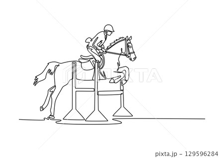 Continuous line drawing male equestrian rider and a horse are captured mid-jump, representing an industry concept with a sports theme, focusing on teamwork of the human and animal. Vector illustration 129596284
