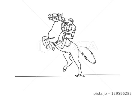 Single line drawing of professional man jockey riding powerful horse rearing on its hind legs, depicting moment of elegant power, grace, and the deep bond between rider and animal. Vector illustration 129596285