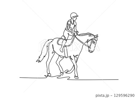 One line drawing of beautiful female rider on an elegant horse at gentle walk, depicting the serene partnership, elegant grace, and deep connection between rider and animal. Design vector illustration One line drawing of beautiful female rider on an elegant horse at gentle walk, depicting the serene partnership, elegant grace, and deep connection between rider and animal. Design vector illustration 129596290
