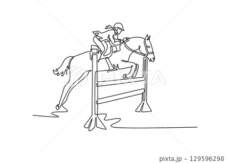 Continuous line drawing of woman jockey riding horse as they jump over hurdle, depicting the dynamic action, elegant partnership, and thrilling competition of the equestrian sport. Vector illustration 129596298