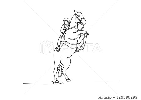 Single line drawing of sporty woman jockey riding powerful horse rearing on its hind legs, depicting moment of elegant power, grace, and deep bond between rider and animal. Design vector illustration 129596299