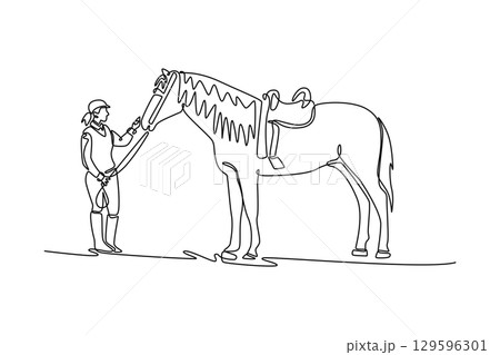 Continuous line drawing of woman jockey standing with her horse, depicting the serene partnership, trust, and deep bond shared between human and elegant animal. Sport competition. Vector illustration 129596301