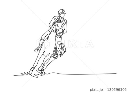 One line drawing of sporty man jockey riding a powerful horse at a full gallop, depicting the dynamic action, speed, and thrilling competition of the sport of equestrianism. Design vector illustration 129596303