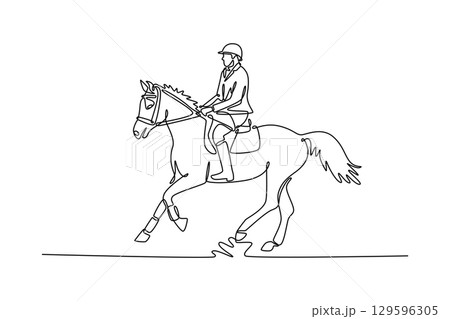 One line drawing of man riding an elegant horse at a trot, depicting the graceful partnership, skill, and deep connection of the equestrian sport and its discipline. Hobby, training, healthy lifestyle 129596305