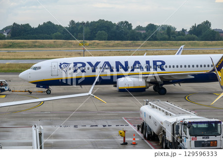 Ryanair Irish ultra low-cost airline airplane on the tarmac of Brussels South Charleroi Airport in Charleroi, Belgium 129596333