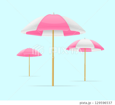 Realistic Detailed 3d White and Pink Summer Sun Umbrella Set. Vector 129596537