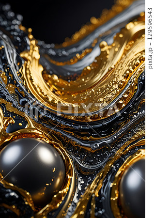 Luxurious molten gold waves with silver spheres in artistic macro composition 129596543