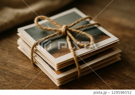 Close-up of small stack of printed photos tied with rustic twine 129596552